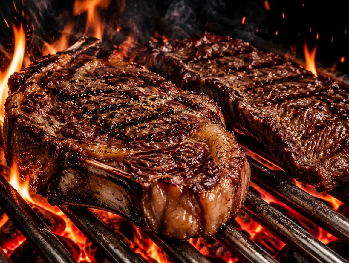 Cortes de rib eye y arrachera sellándose sobre la parrilla con brasas al rojo vivo