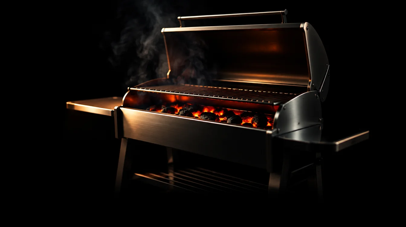Asador de acero inoxidable con horno ataúd y brasas encendidas en la oscuridad